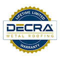 DECRA Metal Roofing Lifetime Limited Warranty logo on a green background.