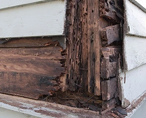 Rotting wood siding damage on a house, indicating a need for siding rot repair.