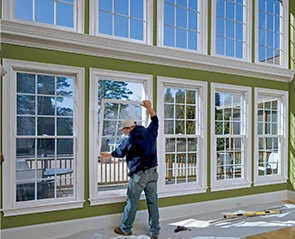 Man installing new design windows in a room, showcasing window design.