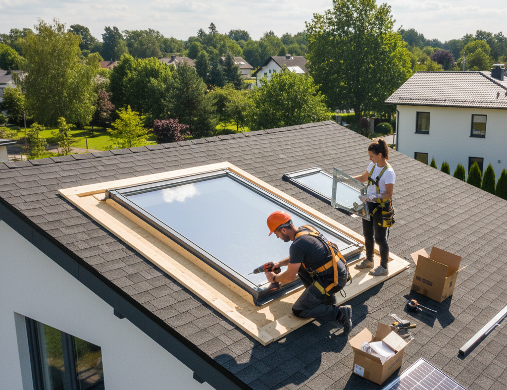 Two workers fitting a new skylight on a residential roof.