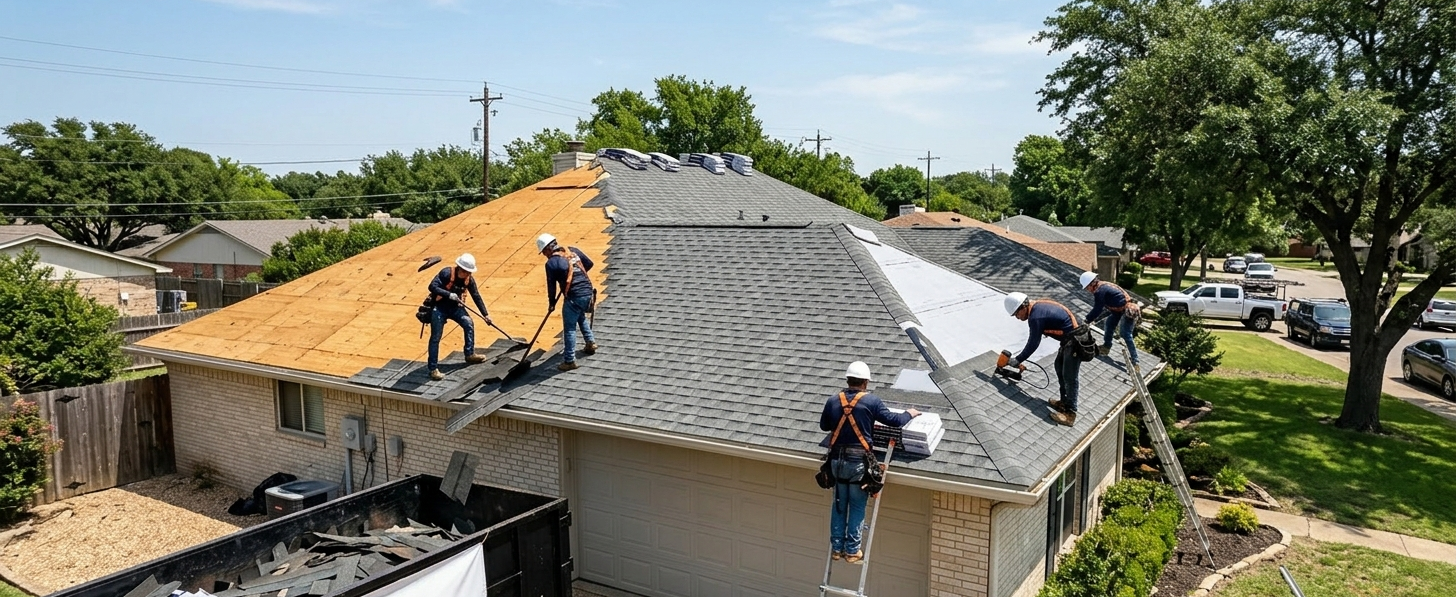 Roof replacement in Texas. Crew installing new shingles on a house roof.