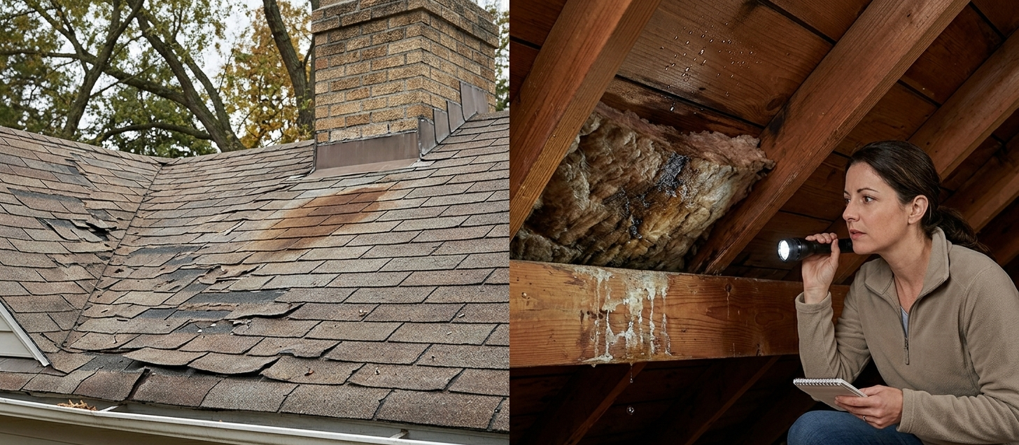 Damaged roof shingles and attic water damage, signs you need a new roof.