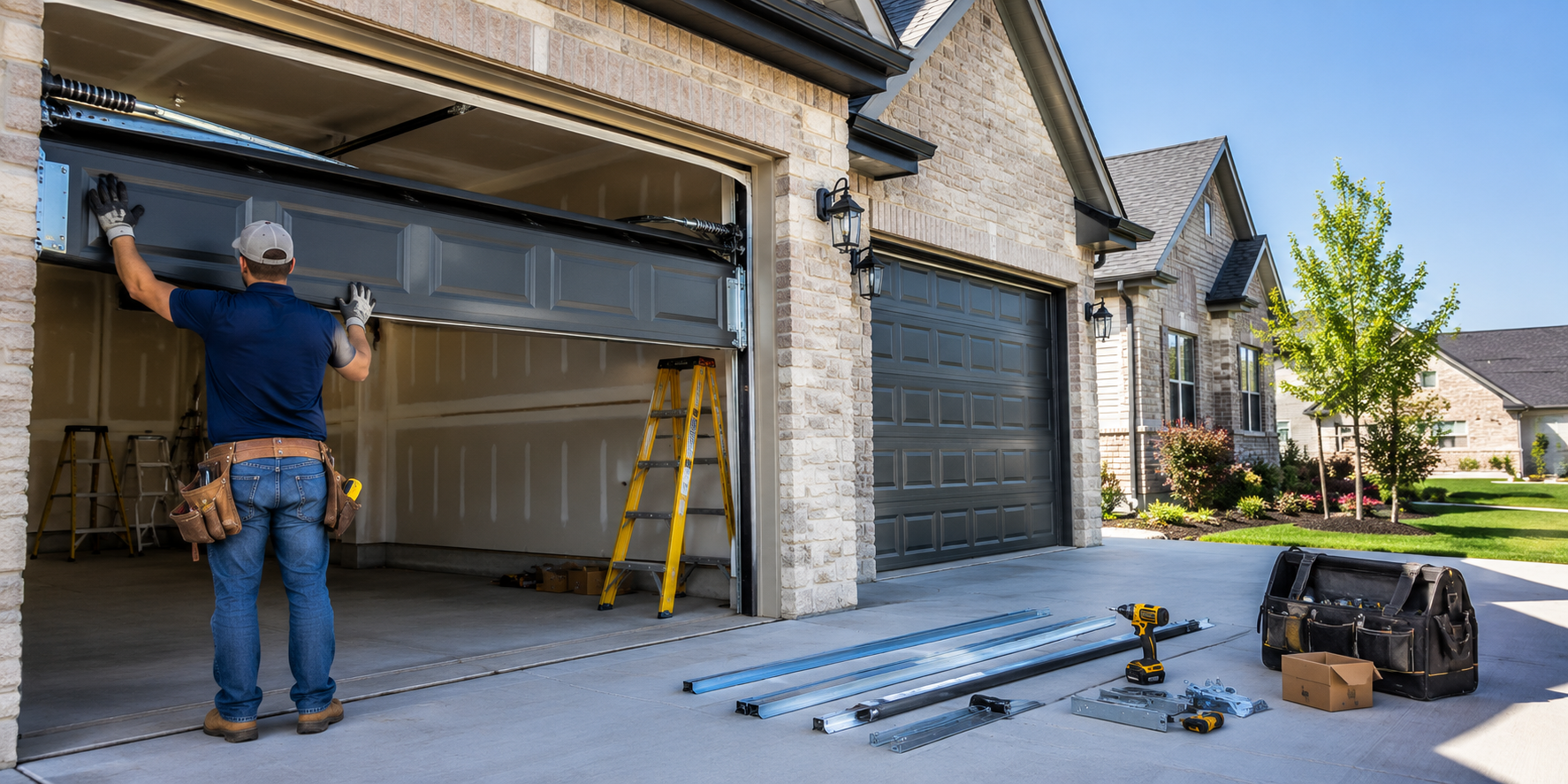 Technician installing a new garage door.